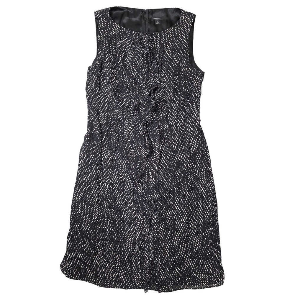Ann Taylor Sleeveless Sheath‎ Dress Ruffle Front Black White Silk Blend